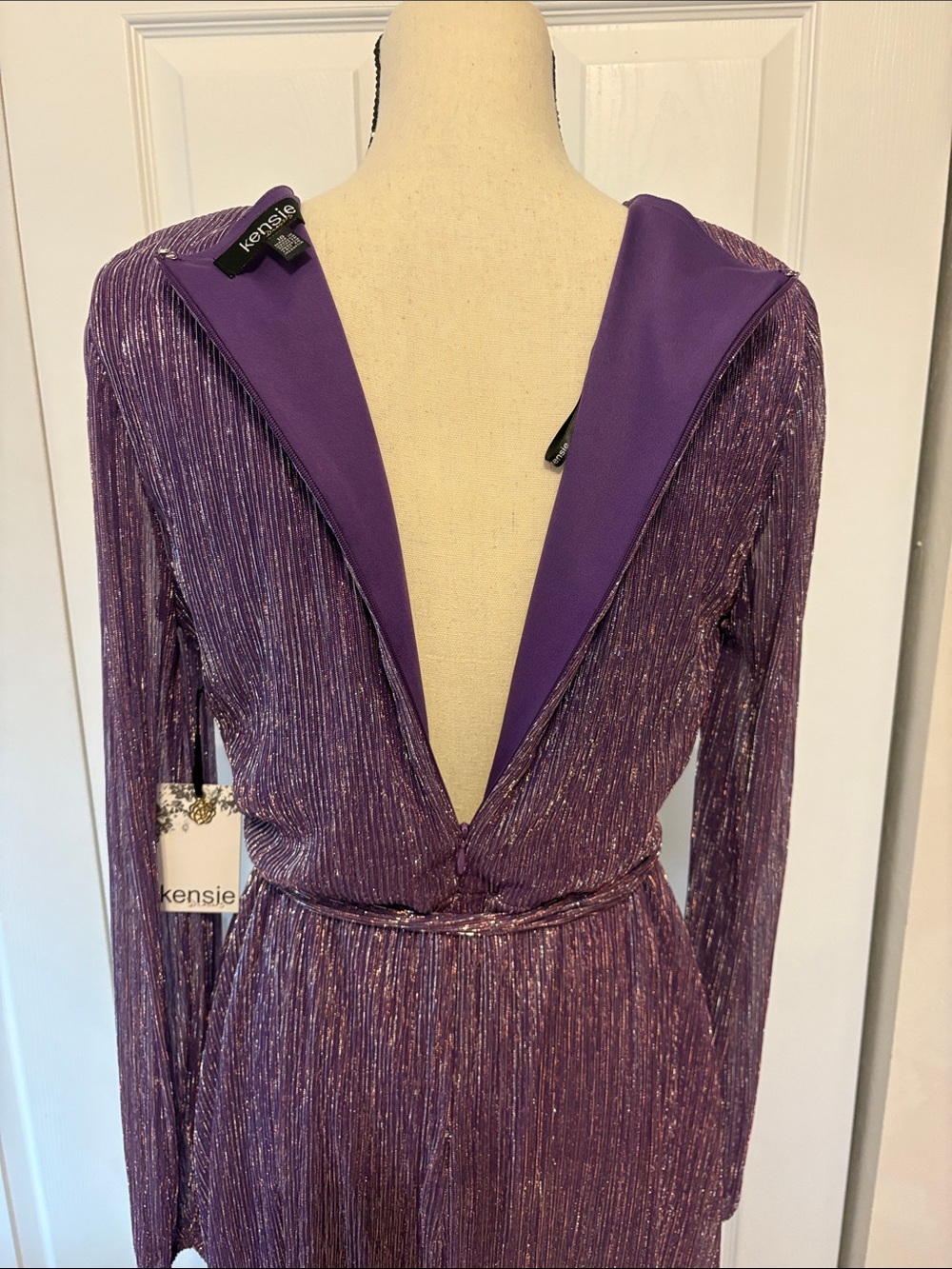 NWT Kensie Metallic Purple Long Sleeve Faux Wrap Midi Dress Size 10. - Picture 7 of 13